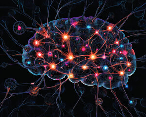 futuristic illustration of brain with neural networks, showcasing vibrant connections and glowing nodes. This artwork represents advanced data processing and intelligence