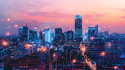 Modern cityscape with digital circuit overlay, depicting the concept of smart city technology