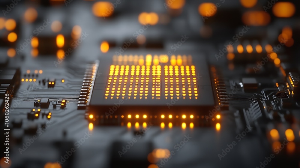 Poster Closeup of illuminated microchip on circuit board with glowing orange lights : Generative AI