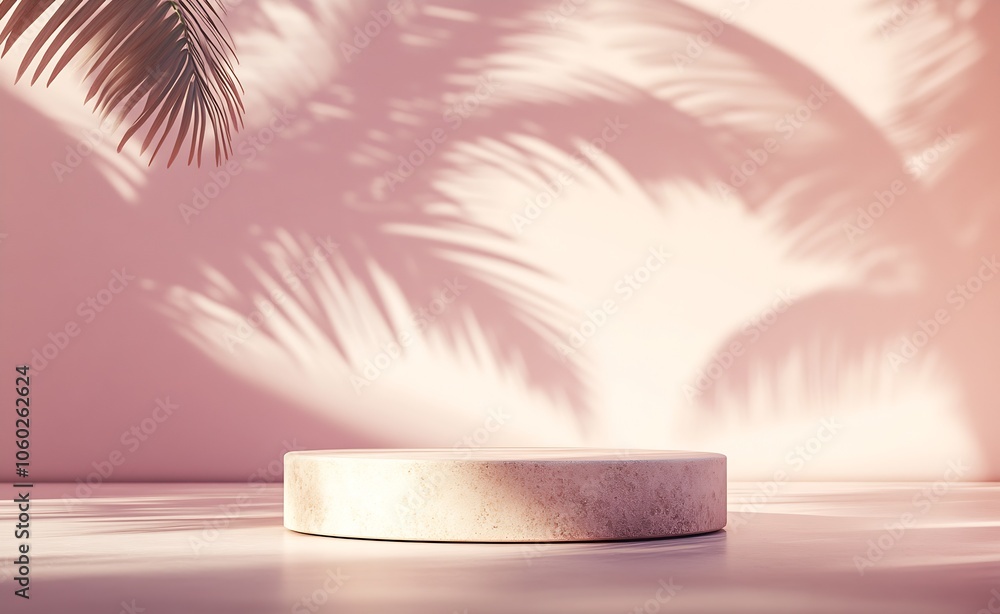 Poster minimalist pedestal display with tropical leaf shadows in soft pink sunlight : generative ai