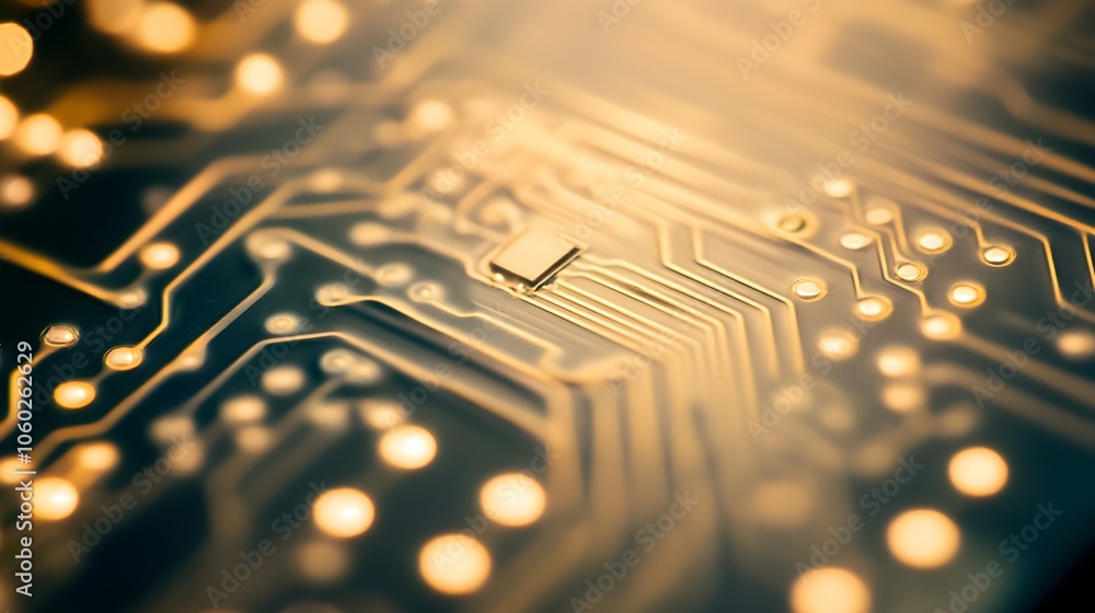 Poster Electronic Circuit Board with Golden Microchip Pathways Closeup : Generative AI