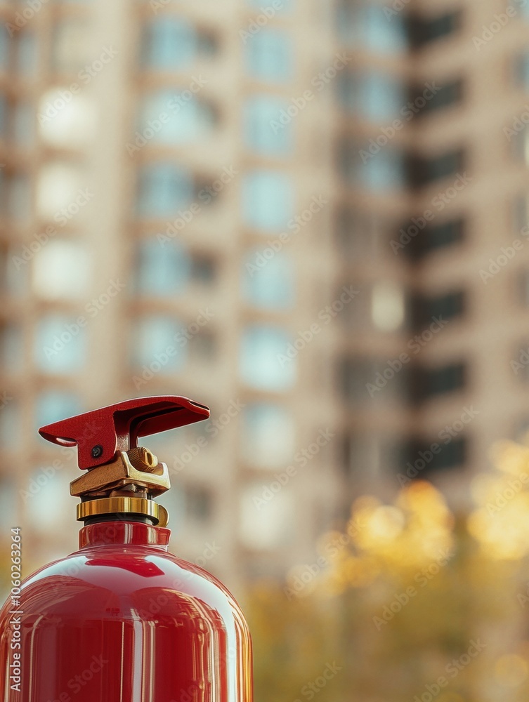 Poster this vibrant fire extinguisher is clearly visible in front of a blurred urban building, highlighting
