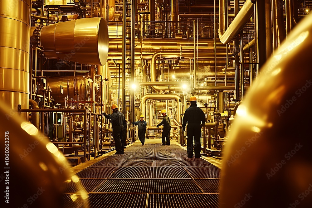 Poster modern industrial facility with engineers in pipe network for manufacturing process : generative ai