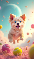 Obraz premium Happy dog in a world of tennis balls, leaping with joy in a whimsical pastel paradise