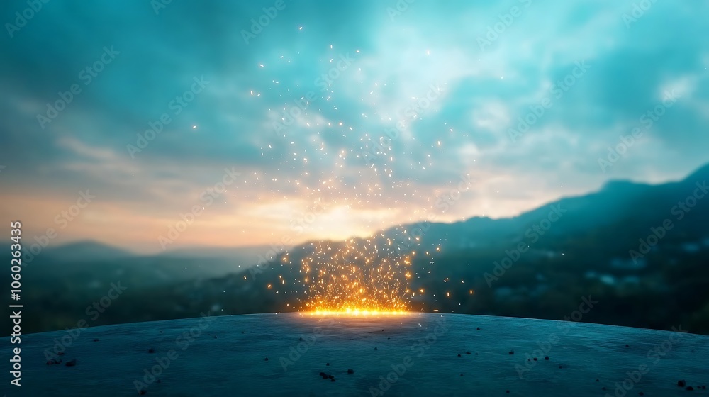 Poster sparkling light erupts from the ground illuminating the dusk sky and creating a magical atmosphere i