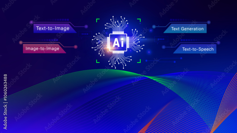 Poster ai tech, artificial intelligence to generate content, text to image, speech, smart ai, using command