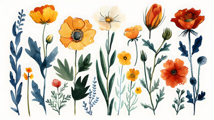 Fototapeta premium Painted flowers and plants in watercolor and ink linocut style