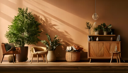 Obraz premium Imagine a warm-toned color palette enhanced by wooden elements and greenery.