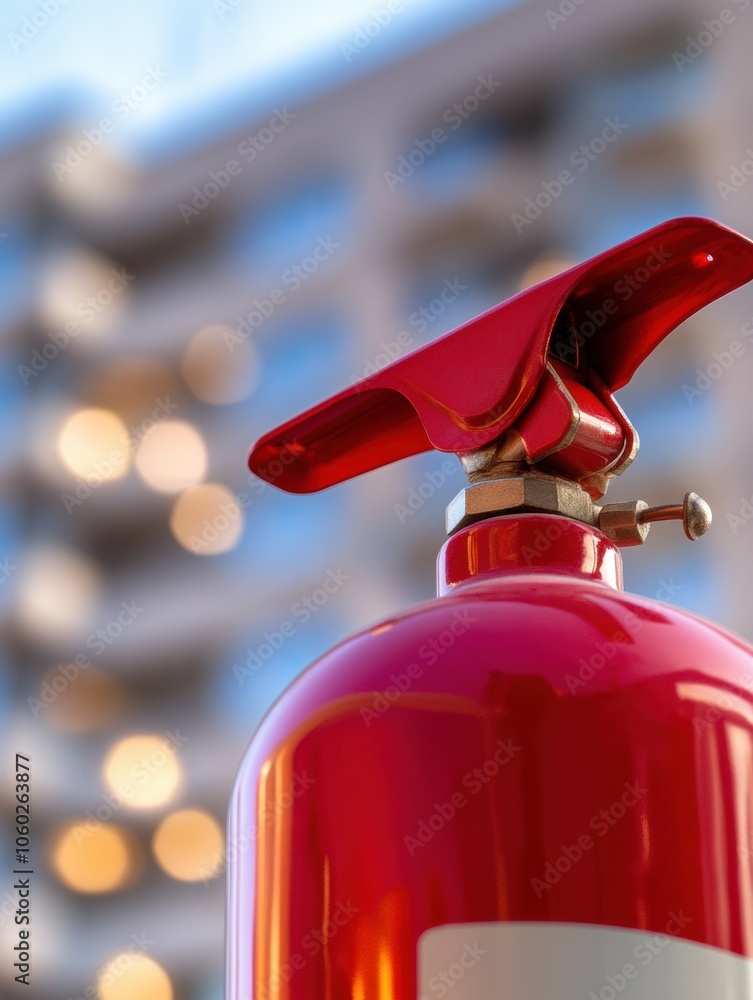 Aufkleber A vibrant fire extinguisher stands prominently in the foreground while a building fades into the background, creating depth and safety. Generative AI