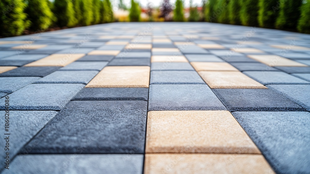 Poster symmetrical pattern of interlocking stone tiles on outdoor walkway enhancing landscape aesthetics : 