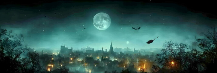 A Digital Painting of a Cityscape with a Full Moon and Flying Bats, Set Against a Dark, Foggy Sky