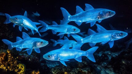 Fototapeta premium Nature's Neon: A School of Glowing Fish.Concept of marine life, ocean conservation, bioluminescence, natural wonder, dark beauty,Marine biology, environmental science, photography, tourism, science fi