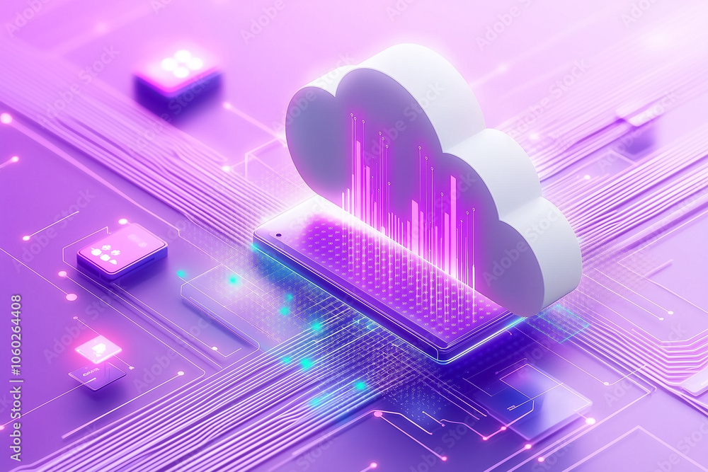 Poster a vivid display of cloud tech linking devices with vibrant, flowing data streams in a digital world