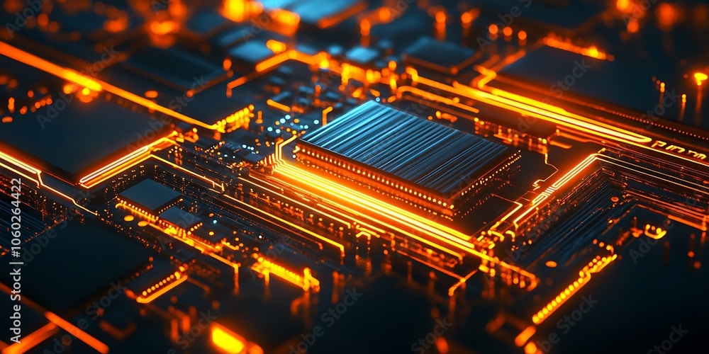 Fototapete Closeup of a Technological Motherboard with Illuminated Circuitry in Bright Orange Color : Generative AI