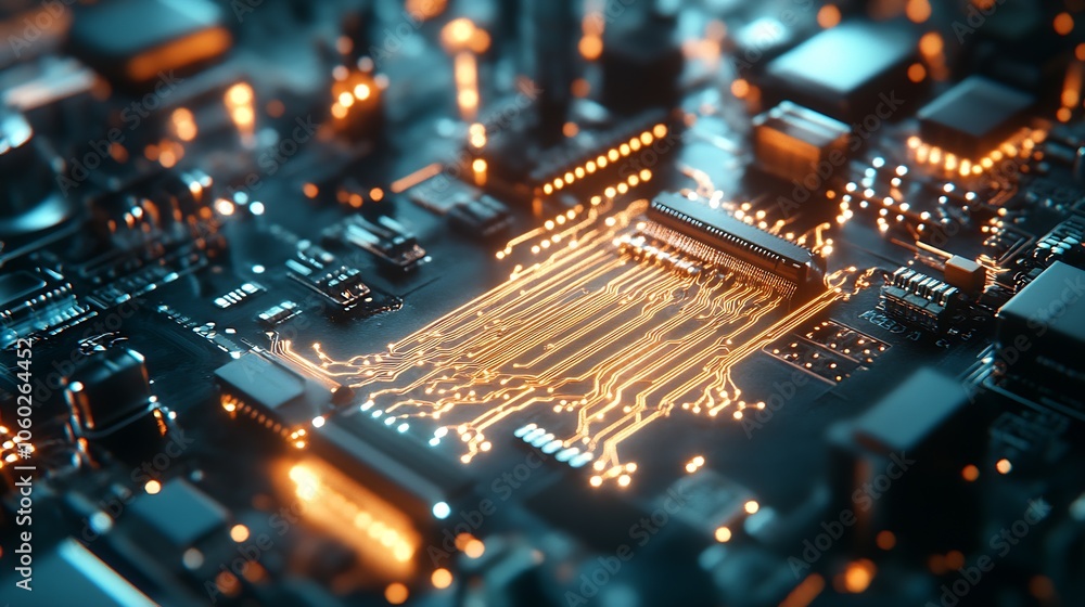 Poster Futuristic Electronic Circuit Board with Glowing Pathways in a High Tech Environment : Generative AI