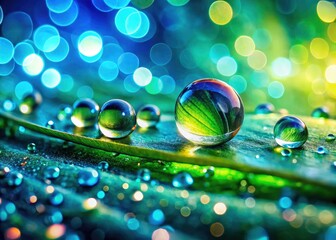Naklejka premium Surreal Water Droplets on Fresh Green Leaf Surface with Dreamy Light Reflections and Vivid Colors for Nature Lovers