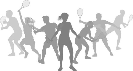Silhouette Tennis players set. Active sports people healthy players fitness silhouettes concept.