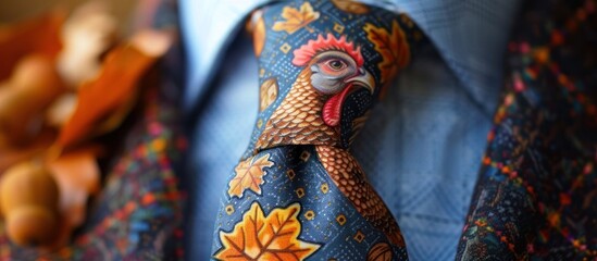 Ornate and vibrant fabric pattern featuring an intricately designed rooster or chicken amongst a backdrop of stylized floral and leaf elements in a range of warm saturated colors