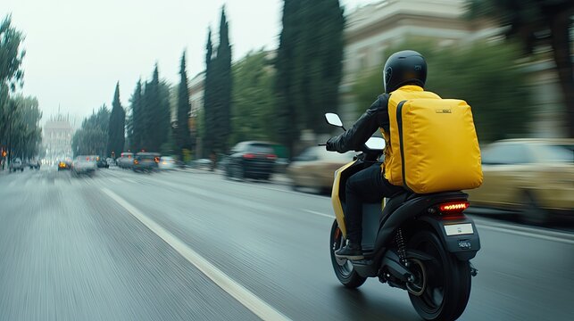 A dynamic food delivery rider navigating bustling city streets with a yellow backpack under the sunlight