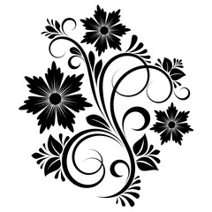 black and white decorative pattern with flowers, swirls and leaves on white isolated background, floral design element