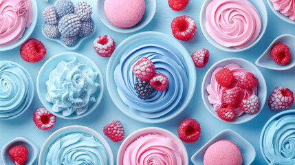 Obraz premium Delicious pastel blue and pink meringues arrangement for gingerbread house day