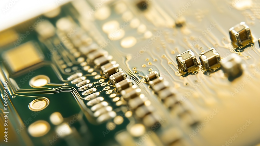 Poster Macro Photo of Circuit Board Electronic Components and Gold Traces : Generative AI