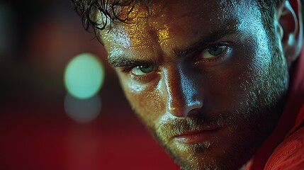 Over-the-shoulder of a snooker player aiming for a shot, focused expression, dim lighting