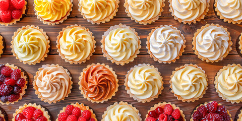Fototapeta premium Delicious assortment of creamy tarts celebrating national pastry day