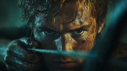 Over-the-shoulder shot of an archer drawing a bow, deep concentration on the target, tense atmosphere