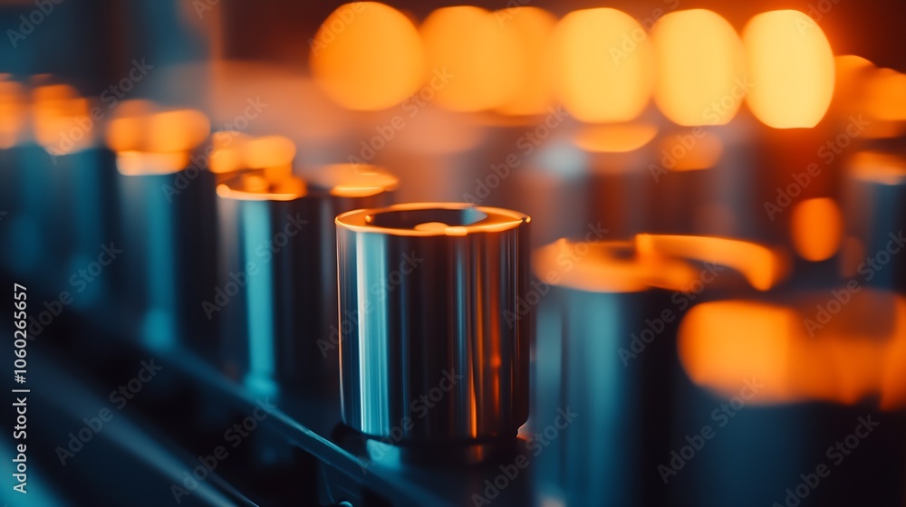 Poster Metallic Engineering Parts on an Automated Factory Belt with Warm Glowing Lights in Industrial Setup : Generative AI