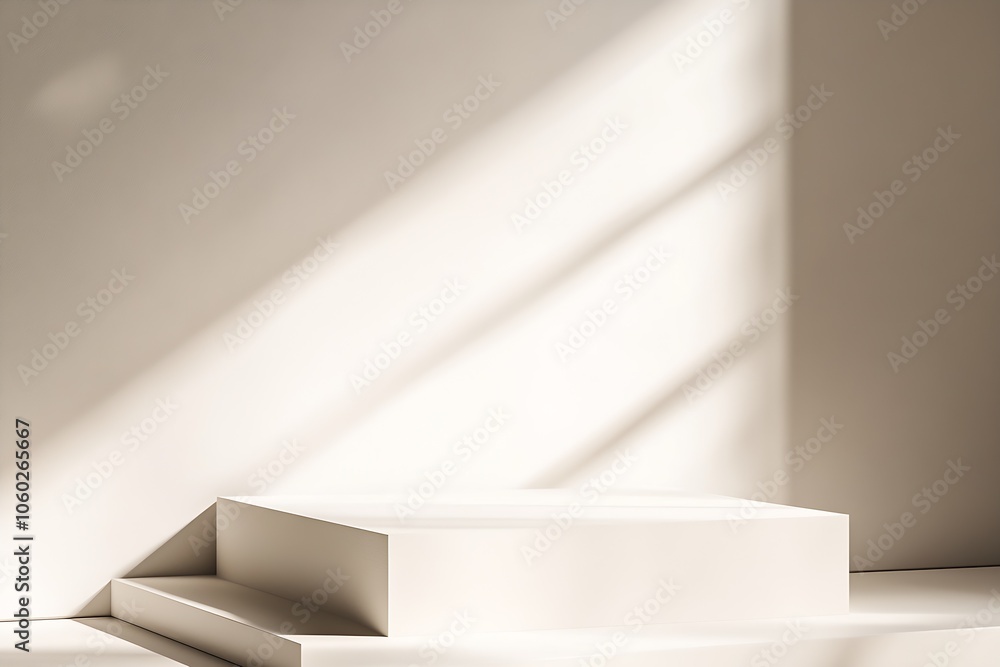 Poster Bright Minimalist Display Stand Highlighted by Sunlight with Geometric Shadows : Generative AI
