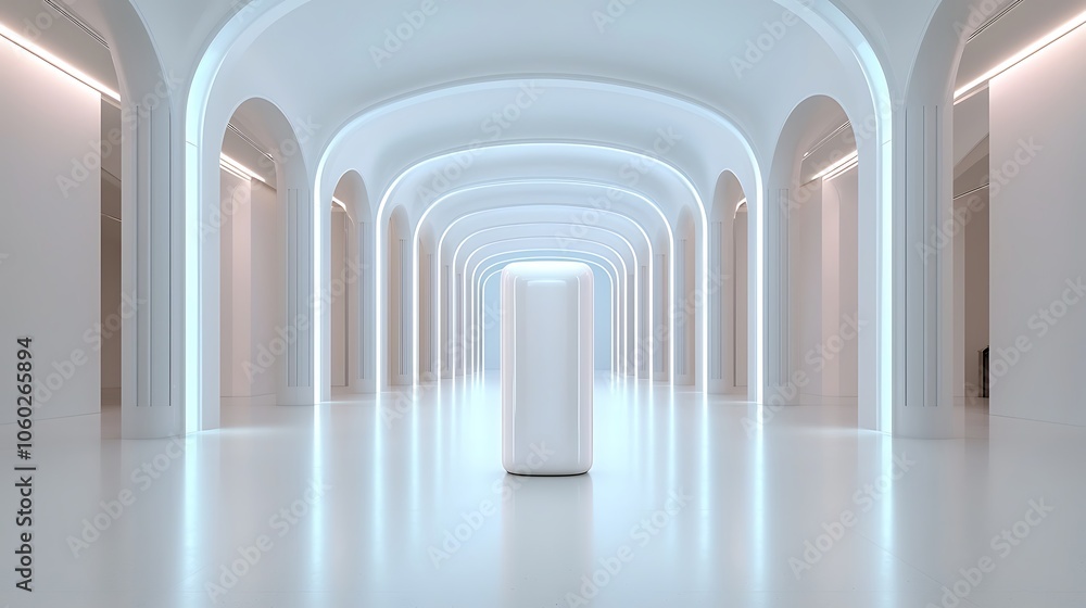 Poster futuristic space showcases minimalist design with illuminated pathways creating a calm ambience