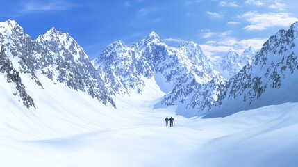 Obraz premium Majestic Winter Wonderland: Couple Snowshoeing in Breathtaking Mountain Landscape, Adventurous Holiday Spirit Captured, Ultra Detailed Scene