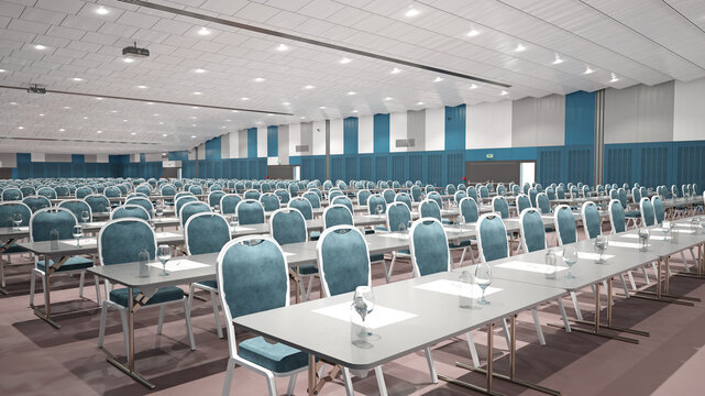 A spacious conference hall with rows of chairs and a podium