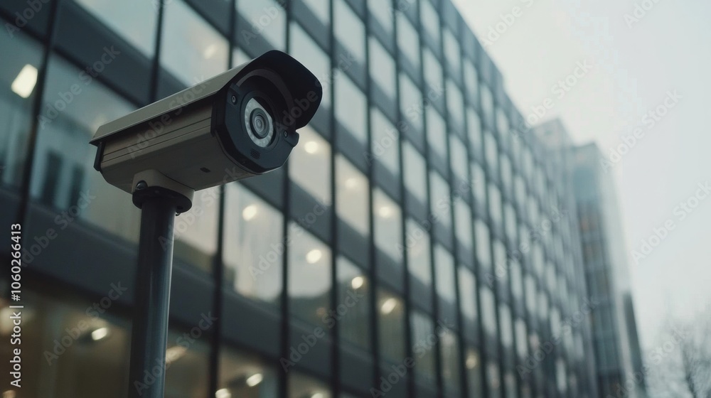Aufkleber surveillance cameras are positioned to oversee the entrance and surroundings of a modern office buil