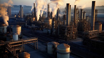 Naklejka premium Panoramic Scene of Industrial Oil Refinery with Emission Clouds and Machinery : Generative AI