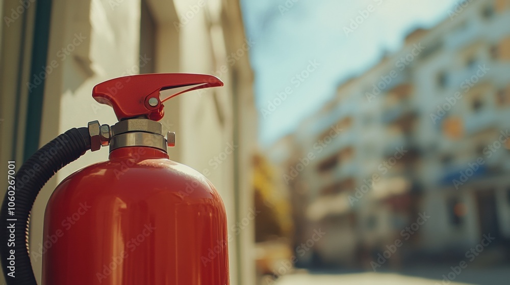 Aufkleber A vivid fire extinguisher is positioned in the foreground, contrasting against the blurred backdrop of a building during daylight. Generative AI