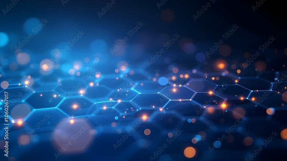 Aufkleber digital hexagon network with glowing nodes: abstract technology background with blue and orange ligh