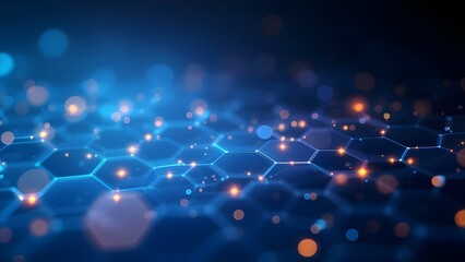 Fototapeta premium Digital Hexagon Network with Glowing Nodes: Abstract Technology Background with Blue and Orange Light Connections