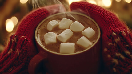 Close-up of hands wearing red knit mittens holding a steaming mug of hot cocoa with melting marshmallows 