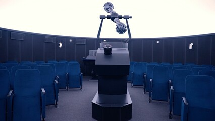 Planetarium projector exhibiting celestial wonders in empty auditorium