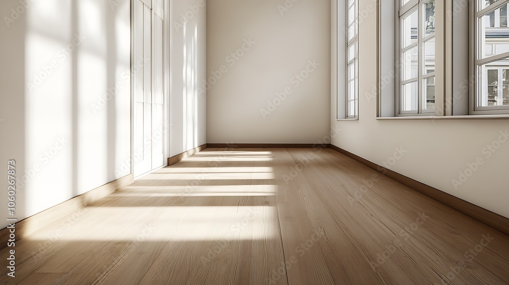 Poster Sun-Drenched Minimalist Room with Wooden Floor and Expansive Windows : Generative AI