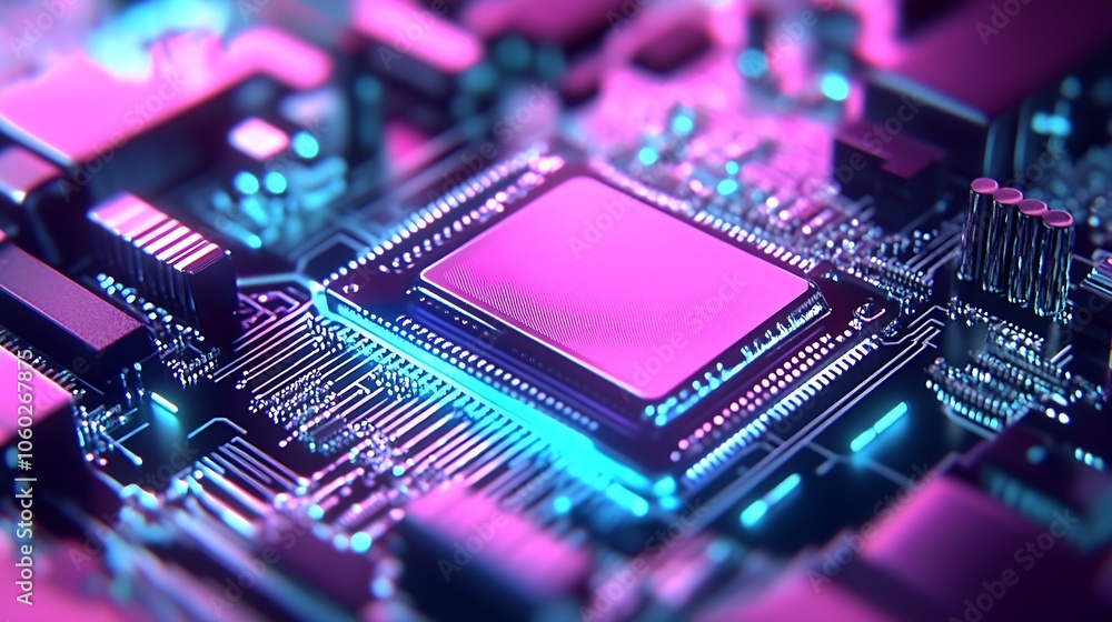 Poster High-Tech Pink Circuit Board with Illuminated Central Processor Closeup Tech Illustration : Generative AI