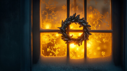 Window frost patterns with warm yellow lights glowing through, creating silhouette of wreath decoration 
