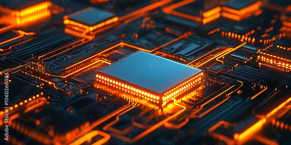 Leinwandbilder detailed orange circuit board with illuminated microchip navigator on electronic platform : generati