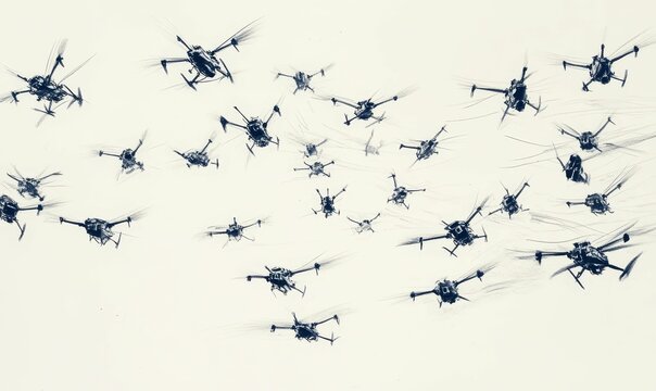 Sketch of many drones flying in the sky.