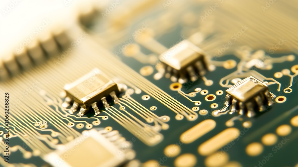 Poster Closeup of Microchips and Circuit Board with Golden Traces and Technological Patterns : Generative AI