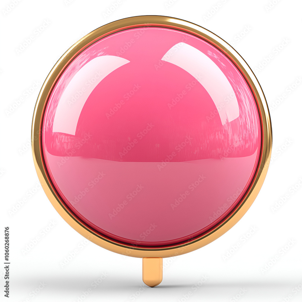 Poster bright pink round button with a shiny surface and golden rim placed on a white background, ideal for