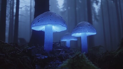 Fototapeta premium Ethereal Glow: Bioluminescent Mushrooms Illuminating the Forest Floor.Concept of mystery,nature's magic, otherworldly beauty, bioluminescence, eco-tourism, scientific exploration.