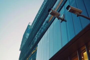 Naklejka premium Surveillance cameras are mounted on a contemporary office building, capturing activity in a bustling urban environment during twilight. Generative AI
